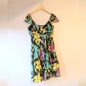 Nine West Black Floral Tie-Waist Dress with Yellow, Teal, and Pink Flowers